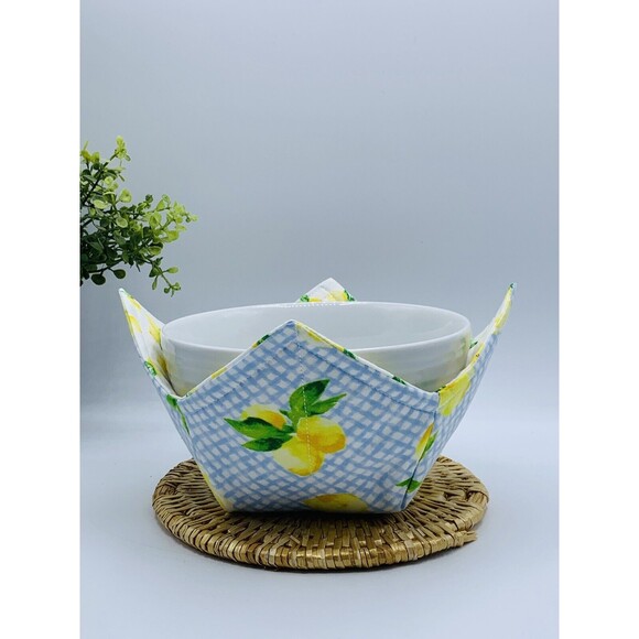 Microwave Bowl Cozy Reversible, Lemons On Blue Gingham, 3 Piece Set - Picture 4 of 9